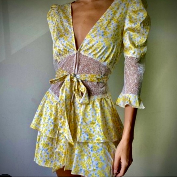 For Love And Lemons Yellow Daffodil Floral Mini Dress/Robe (XL) - Picture 15 of 16